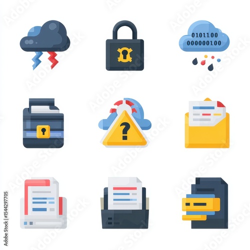 Data Security Icons Featuring Symbols of Protection and Risk