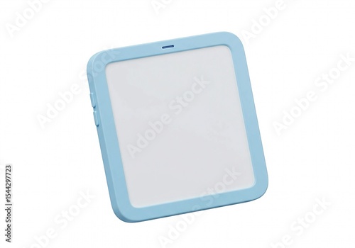 Minimalist 3D icon of a tablet with one button, flat screen, smooth edges, pastel blue and white color scheme
