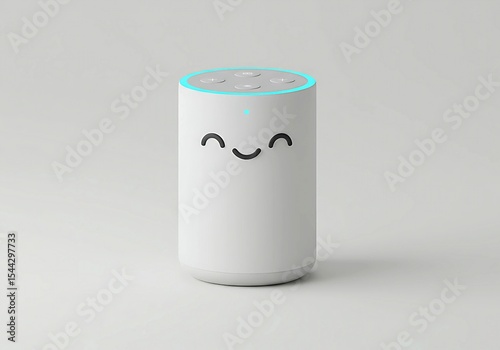 3D flat style render of a smart home speaker, cylindrical shape, glowing top ring, modern and simplified appearance
