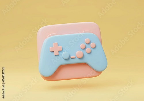 3D icon of a game controller with minimal buttons, geometric shapes, pastel colors, floating on plain background