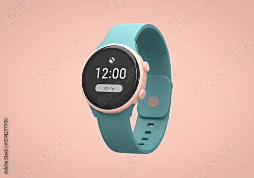 3D illustration of a smartwatch with basic round face, flat strap design, soft color palette, flat UI screen