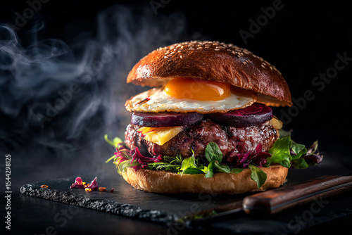 a burger with an egg and lettuce on a bun