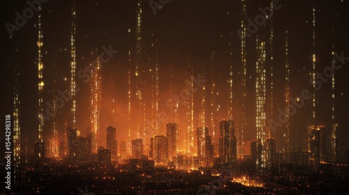 Futuristic Cityscape with Data Stream Visuals in Concept Art Style