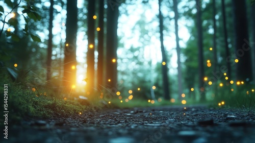 A path through a mystical forest at twilight, filled with glowing fireflies