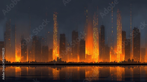 Futuristic Cityscape with Glowing Data Streams and Urban Energy