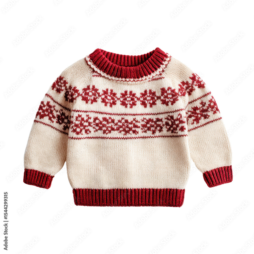 Obraz premium Cozy Handknitted Red and Cream Sweater with Traditional Snowflake Pattern for Winter Fashion Transparent background or png