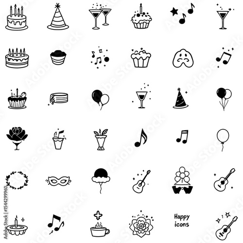 Celebration & Music Icons Set – Black and White Vector Collection of Festive, Party, and Instrumental Symbols in Grid Layout