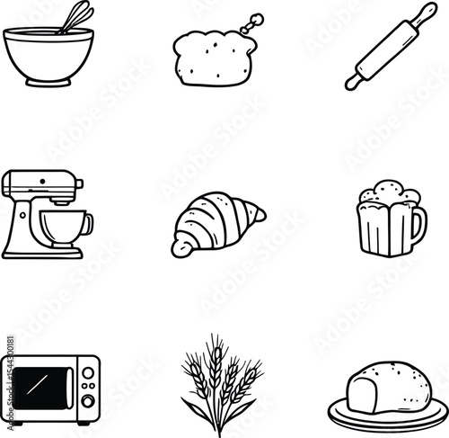 Kitchen Baking Essentials Grid – Vector Set of Cooking Utensils, Bread, Mixer, and Croissant in Iconic Layout