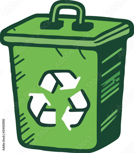 recycle bin green icon doodle hand drawn. Cartoon line drawing clipart symbol. Vector illustration