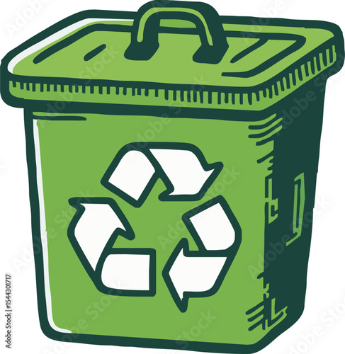 recycle bin green icon doodle hand drawn. Cartoon line drawing clipart symbol. Vector illustration