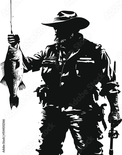 Fisherman Holding Catch – Black and White Outdoor Vector of Man with Fishing Rod and Freshly Caught Fish
