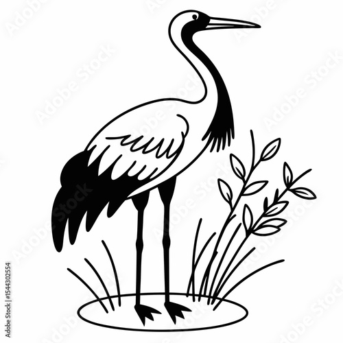 An Elegant Crane, standing tall amongst delicate grass, a minimalistic monochromatic portrayal capturing the grace and beauty of the creature. generative AI