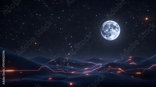 night sky with stars and moon.Futuristic Moonlit Landscape with Glowing Network Lines and Starry Sky.