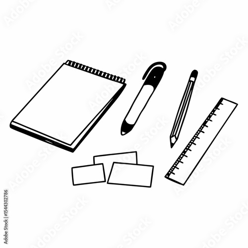 Illustration of office supplies including a notepad, pen, pencil, ruler and three blank cards, perfect for business or study. The hand-drawn elements create a clean and aesthetic. generative AI