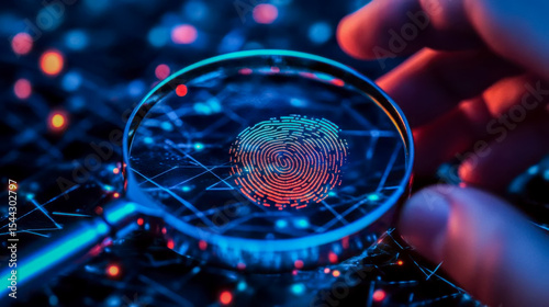 A hand uses a magnifying glass to examine a glowing digital fingerprint on a complex network, symbolizing advanced cybersecurity and identity verification.