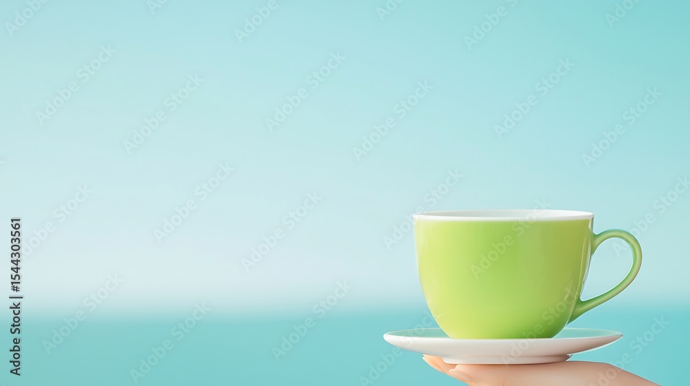 Fototapeta premium Green Cup on Saucer Held Above Aqua Background in a Studio Shot
