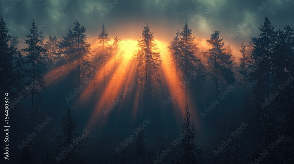 Fototapeta premium Golden rays piercing a misty forest.