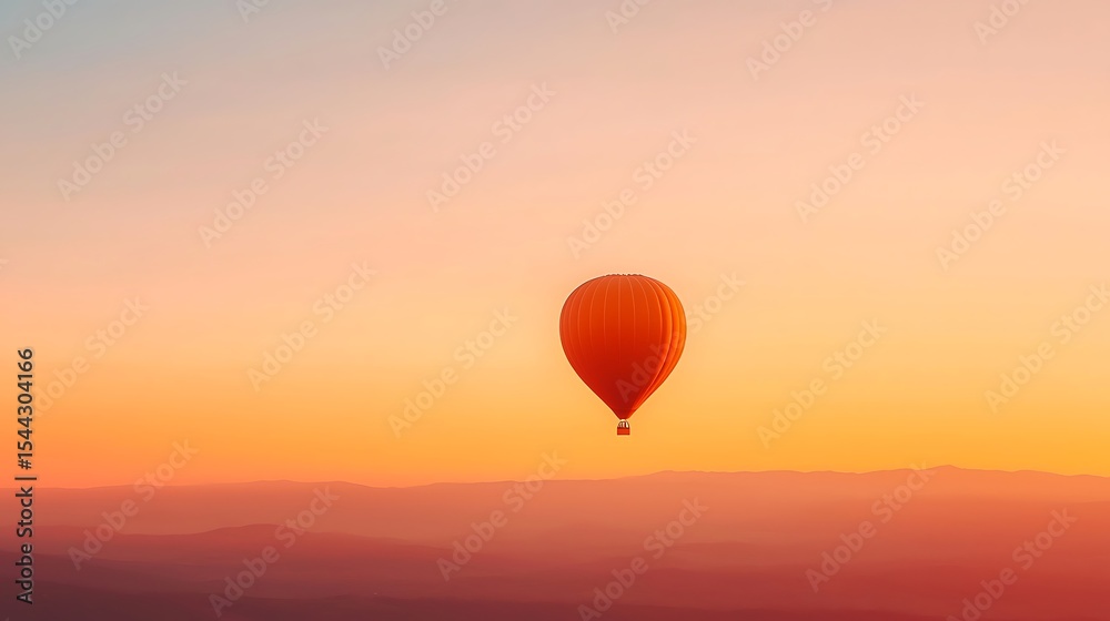 Obraz premium Solitary Hot Air Balloon Ascends Into The Sunrise Over A Hazy Landscape