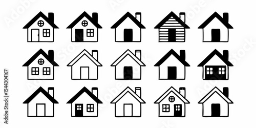 Collection of Fifteen Hand Drawn House Icons in Black and White Representing Home Real Estate and Simple Architectural Design