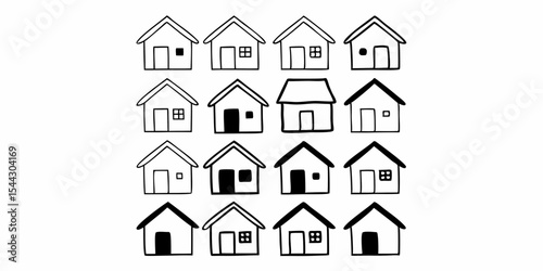 Hand Drawn Houses Pattern Black and White Doodle Style Simple Home Icons Real Estate Concept Vector Illustration