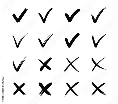 set of 16 hand-drawn check marks and crosses in varied styles, ideal for approval, rejection, or selection in graphic design projects