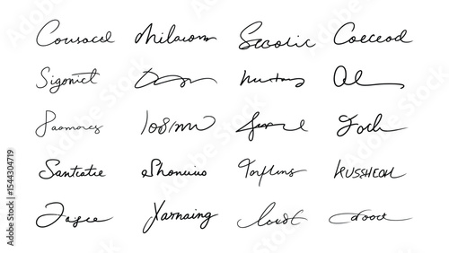 collection of various handwritten signature samples in assorted styles and scripts on white background for identification and design use