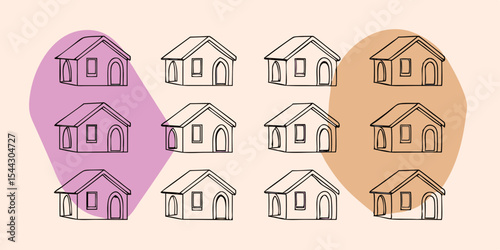 Hand Drawn Houses with Abstract Shapes in Pastel Colors Housing Market Real Estate and Home Ownership Concept