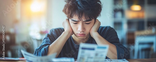 Household financial economic concept, stressed young Asian adults looking at credit card bills and apartment loan mortgages, worrying about insufficient funds to pay., Generative AI