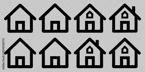 Simple Black and White House Icons in a Row Representing Real Estate Home Ownership or Community Development Projects