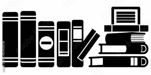 Black and White Silhouette Illustration of Books Stacked and Standing on a Shelf Symbolizing Education and Knowledge
