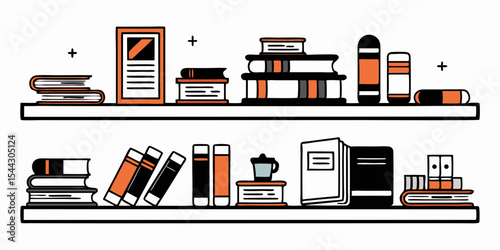 Stylized Bookshelf Illustration with Orange Accents and Hand Drawn Style Perfect for Education Library and Reading Themes