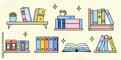 Cute Cartoon Bookshelf Illustration with Books Plants and Coffee Cup for Educational or Creative Projects and Designs