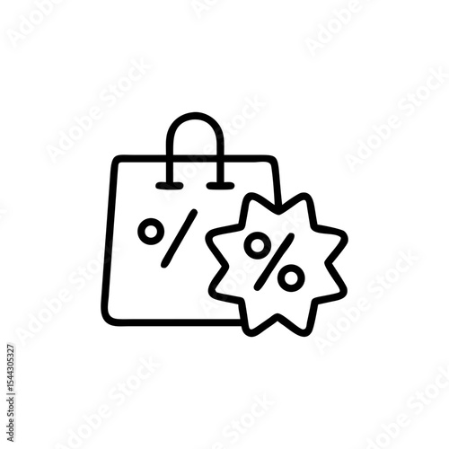 Outline style shopping bag icon with a discount starburst next to it