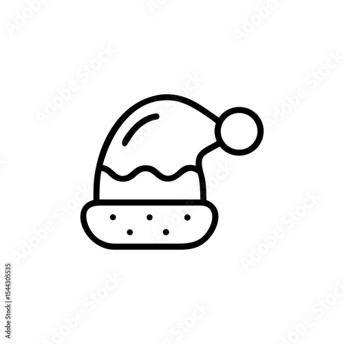 Illustration of a santa hat with pom pom and dotted brim in black outline