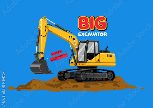 Flat design illustration of a yellow construction excavator with bold text, ideal for children's books or industrial concepts