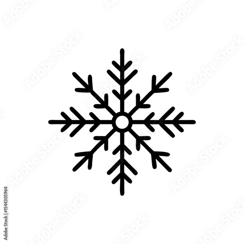 Illustration of a single black snowflake with six branches on white background