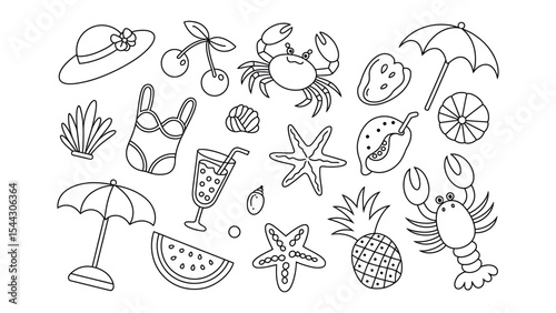 hand-drawn summer beach doodle collection with crabs, starfish, pineapple, umbrella, cocktail, watermelon, seashells, and hat
