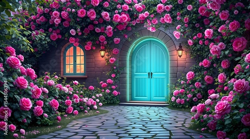 entrance to the house.Enchanted Rose Garden: Turquoise Doorway to a Floral Fairytale.