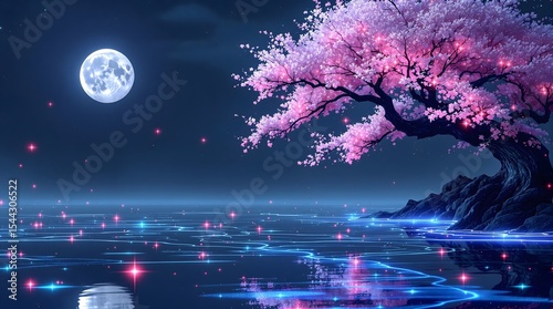 Dreamy Cherry Blossom Tree under Moonlight: A Serene Night Landscape.