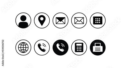 set of 10 black and white UI icons including user, location, email, calendar, globe, phone, calculator, and lock for web and app interfaces