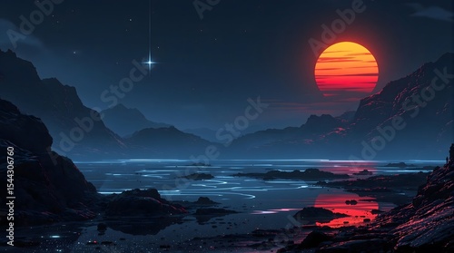 sunset over the sea.Mystical Alien Planet: Red Moon Rising Over Tranquil Waters Under Starry Night.