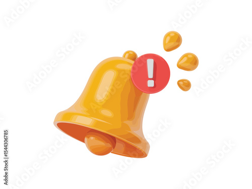 3d orange notification bell icon with exclamation mark alert and droplets on white background for reminders and warning messages