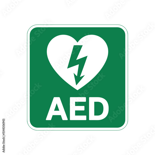green aed sign featuring white heart and lightning bolt symbol indicating location of automated external defibrillator for emergencies