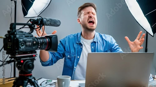 Wallpaper Mural A stressed content creator or vlogger screams in frustration while trying to record a video, showing burnout, anger, or creative block Torontodigital.ca