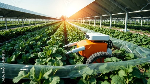 Agricultural robots harvesting crops under solar panels