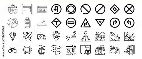 Black Line Icons Travel Transportation Road Signs Collection of Symbols