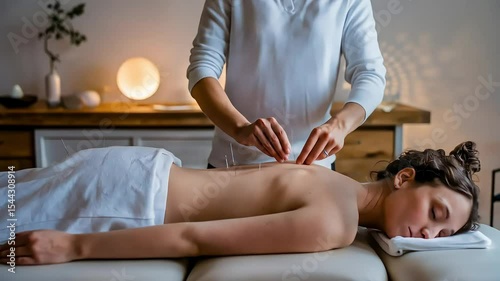 Wallpaper Mural A woman relaxes on a treatment table as a practitioner provides acupuncture therapy, carefully placing needles into her back in a calm clinic Torontodigital.ca