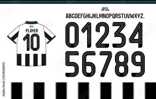 custom alphabet and number set based on the 2025–2026 home jersey design of an English football club known as The Magpies.  Includes A to Z uppercase letters, numbers 0 to 9