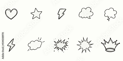 Discover a lively set of black doodle icons, perfect for creative design inspiration. Ideal for art projects, kids' crafts, and digital creativity, these symbols enhance doodle art.