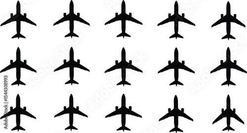 Vector illustration of airplane silhouettes, aircraft top view, black aviation icons, flight transport design, air travel, jet shadow graphic element